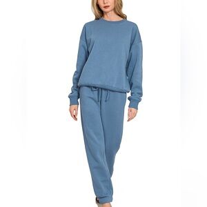 Fleece Long Sleeve Pullover & Jogger Set in Dusty Blue